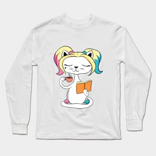 Cute Cat Enjoying Coffee and Reading Book Long Sleeve T-Shirt